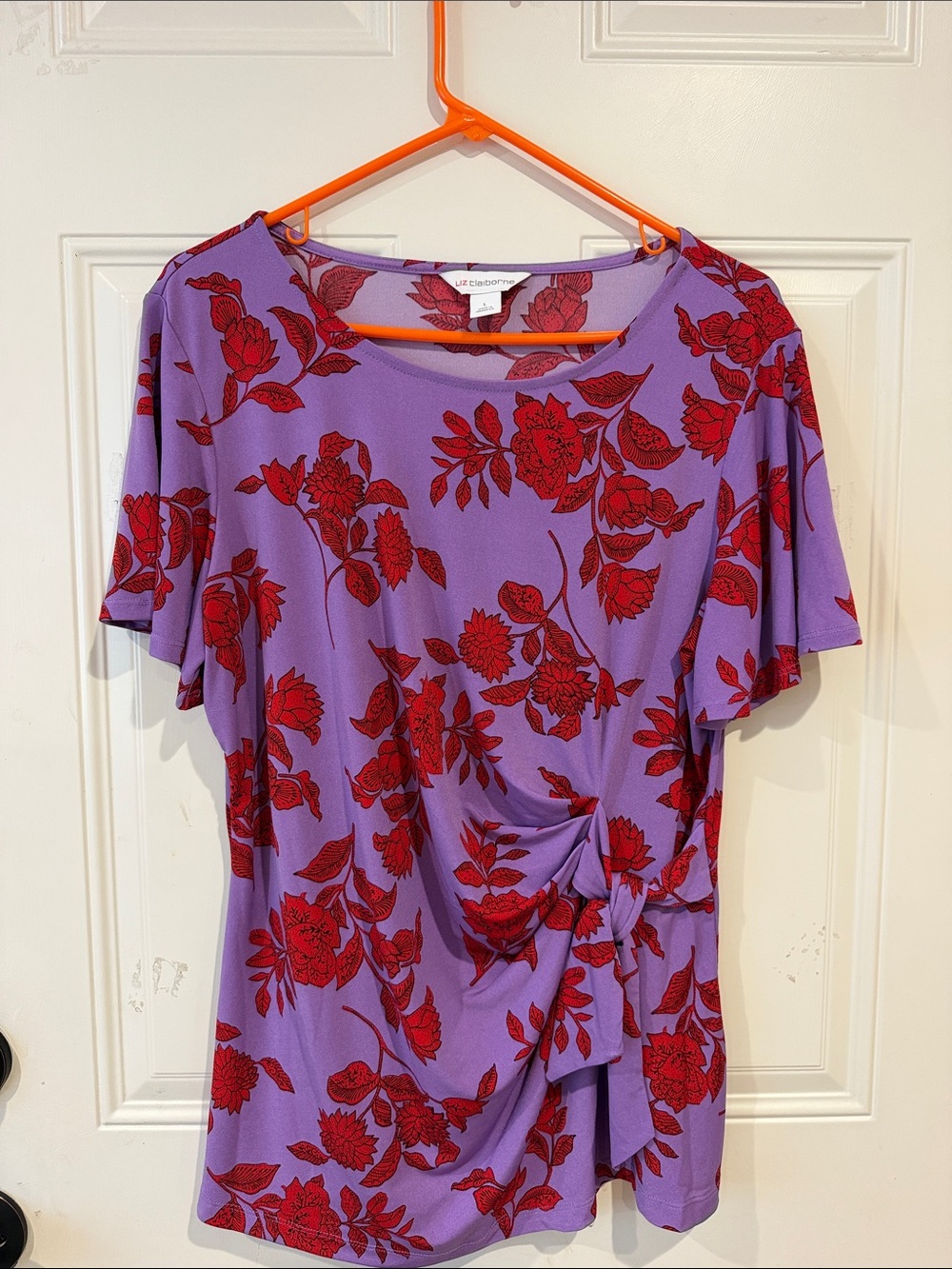 Liz Claiborne Purple Top with Red Floral Print and Side Tie